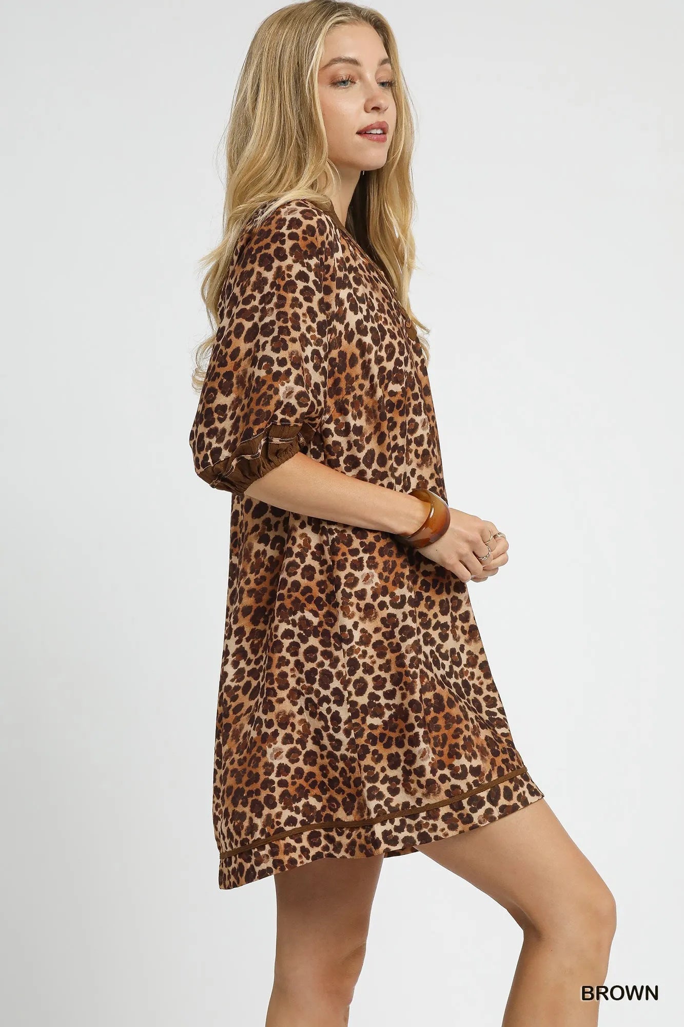 Umgee Brown Leopard Print Mini Dress with Contrast Trim