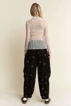 Davi & Dani White Turtle Neck Lace Dotted Stretch Mesh Sheer Top