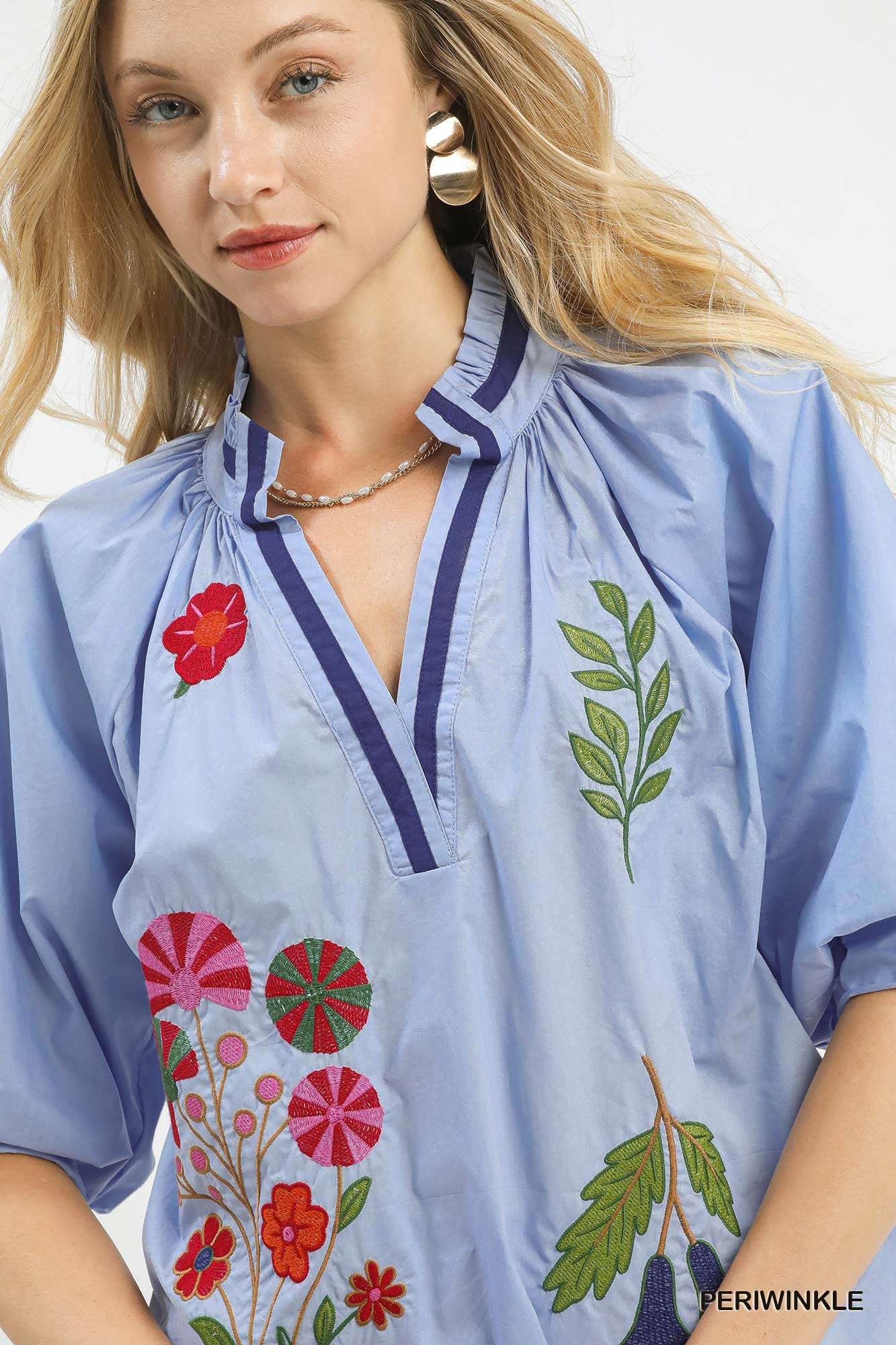 Umgee Embroidered Floral V-Neck Blouse