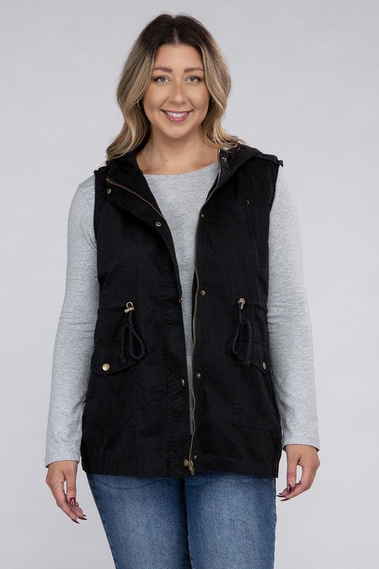 Zenana Plus Drawstring Waist Military Hoodie Vest ZENANA