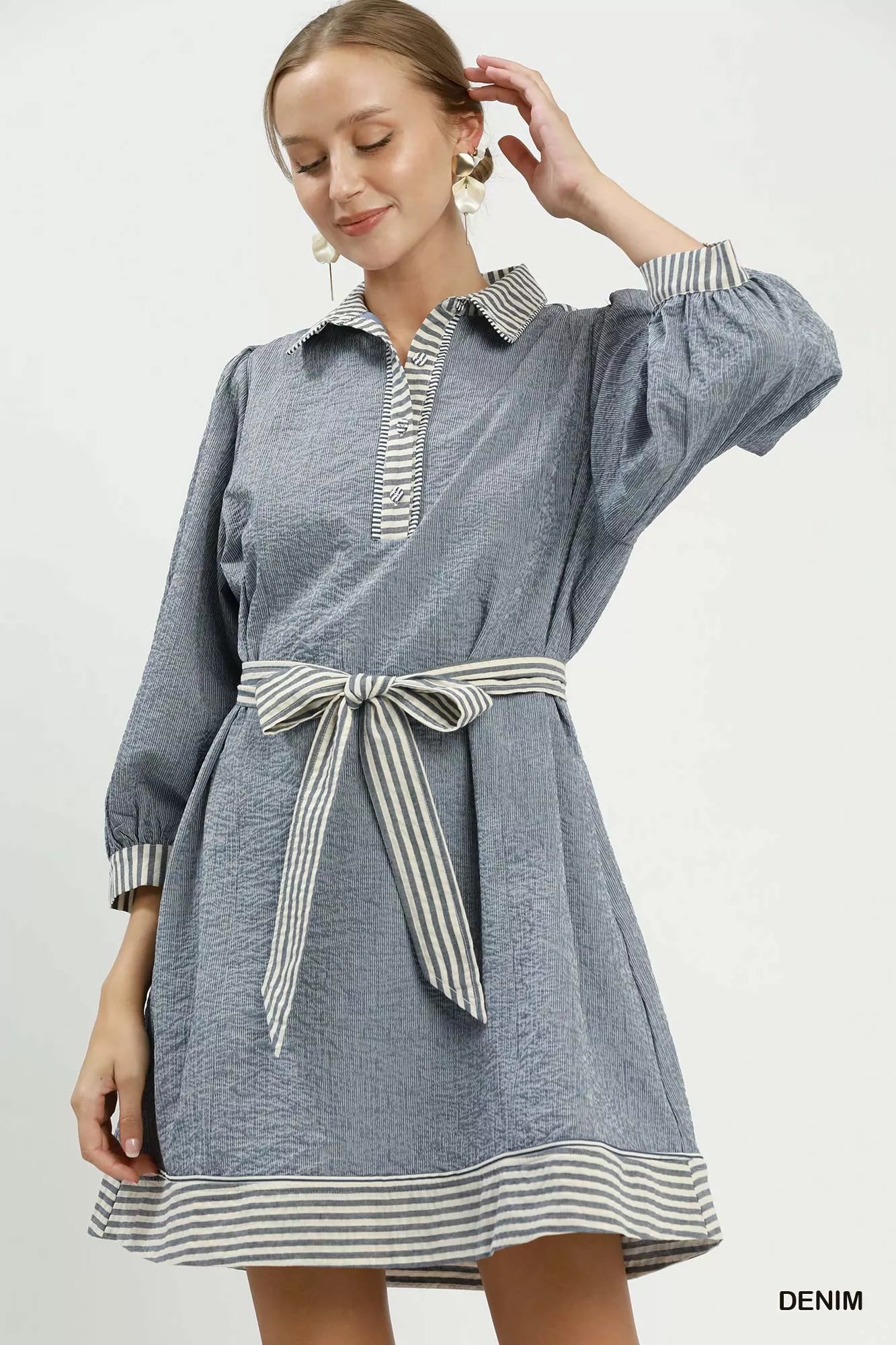 Umgee Striped Contrast Belted Puff Sleeve Mini Dress DENIM