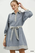 Umgee Striped Contrast Belted Puff Sleeve Mini Dress DENIM
