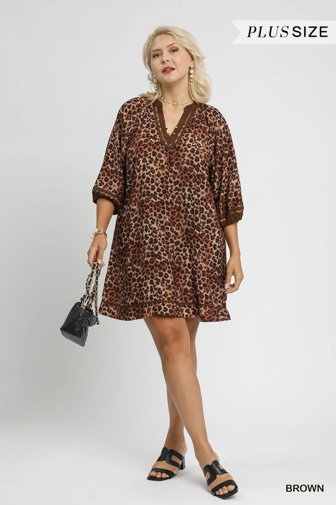 Umgee Brown Leopard Print Mini Dress with Contrast Trim