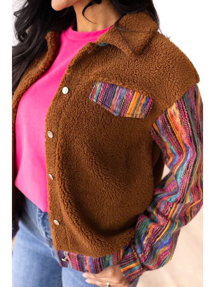 Southern Grace Brown Sherpa with Multi-Colored Sleeves Layers