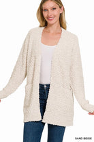 Zenana Sand Beige Long Sleeve Popcorn Sweater Cardigan with Pockets