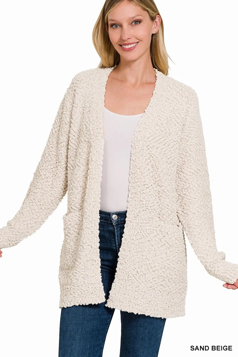 Zenana Sand Beige Long Sleeve Popcorn Sweater Cardigan with Pockets
