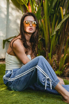 BiBi Striped Tape Details With Bow Tied Point Elastic Waist Jeans
