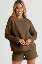 Double Take Quilted Textured Long Sleeve Top and Drawstring Shorts Set Chestnut Trendsi