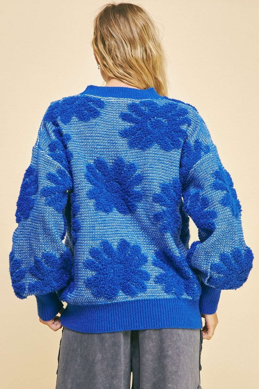 Davi & Dani Blue Flower Textured Round Neck Dropped Shoulder Sweater