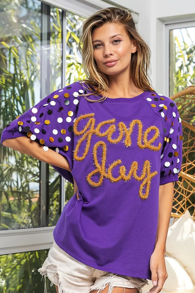 BiBi Purple & Gold Game Day Metallic Letter Spangle Sleeve Top