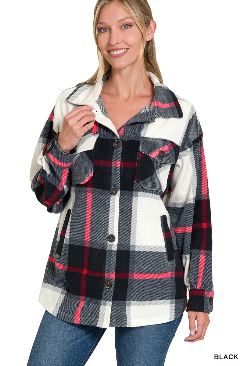 Zenana Black Oversized Plaid Fleece Shacket BLACK