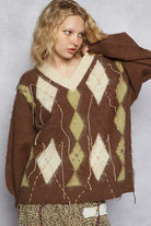 POL V-Neck Argyle Pattern Mohair Sweater with Contrast Exposed Stitch Detail