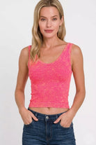 Zenana Neon Coral Fuchsia Washed Ribbed Seamless Cropped V-neck Tank Top
