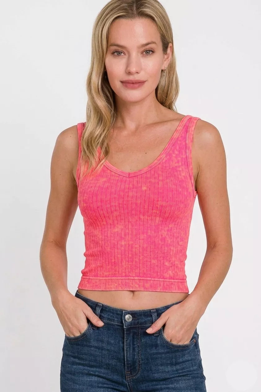 Zenana Neon Coral Fuchsia Washed Ribbed Seamless Cropped V-neck Tank Top