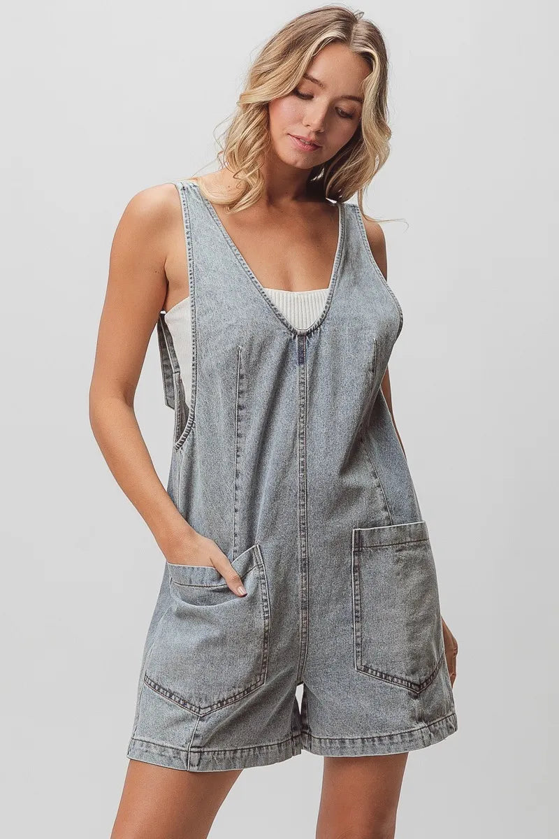 BiBi Patch Vintage Washed Denim Shortall
