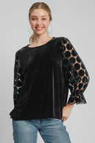 Umgee Polka Dot Lace Long Sleeve Round Neck Blouse Black Shirts & Tops