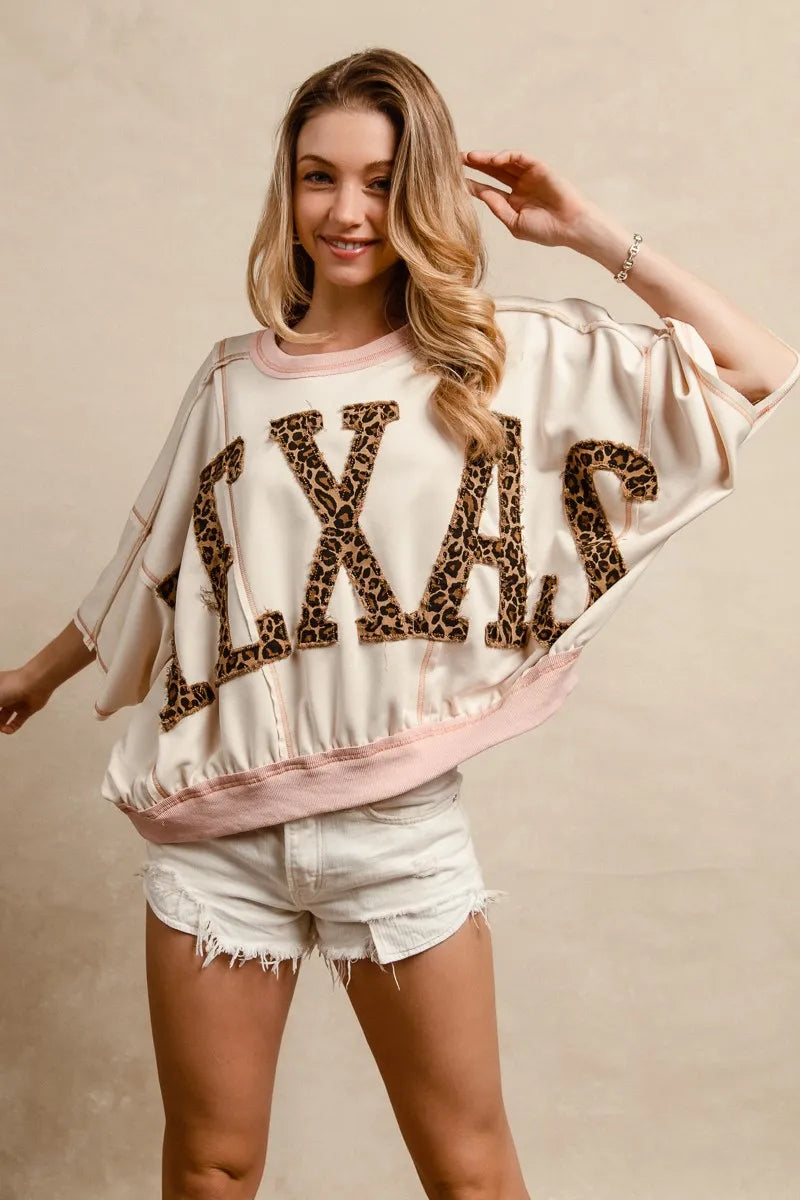 BiBi Oatmeal & Rose Leopard Print Texas Patchwork Overlock Stitch Top