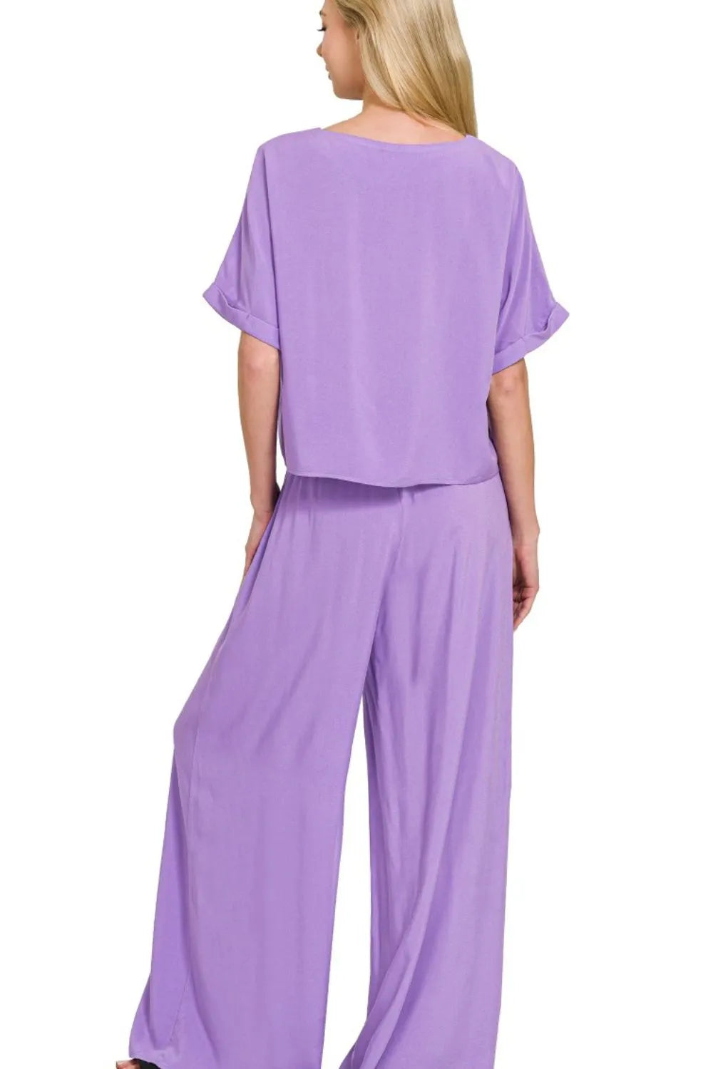 Zenana Lavender Woven T-Shirt and Wide Leg Pants Set