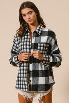 BiBi Mixed Plaid Fleece Button Down Long Sleeve Shirt Black Shirts & Tops