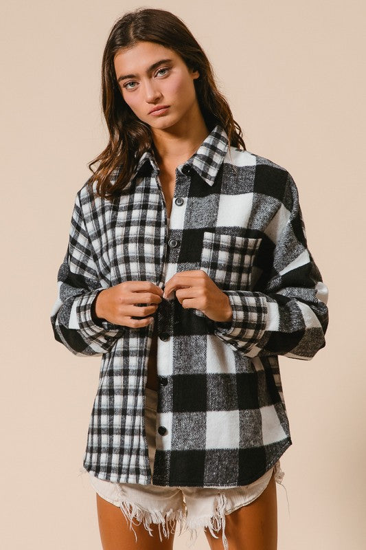 BiBi Mixed Plaid Fleece Button Down Long Sleeve Shirt Black Shirts & Tops