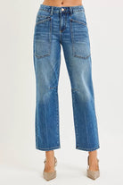 RISEN 4 Way Stretch Mid Rise Barrel Jeans with Patch Pocket Detail