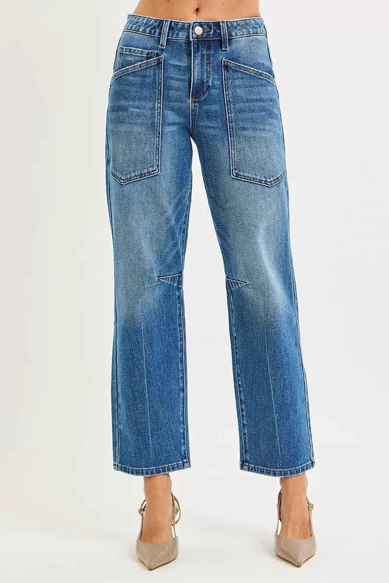 RISEN 4 Way Stretch Mid Rise Barrel Jeans with Patch Pocket Detail