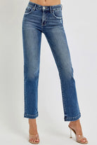 RISEN Dark Washed Tummy Control Elastic Band Mid Rise Straight Jeans