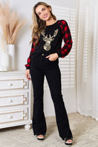 Heimish Sequin Reindeer Graphic Plaid Top Trendsi