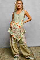 POL Powder Olive Round Neck Ribbed Tank with Woven Print Patch