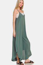 Zenana Ash Jade Spaghetti Strap Curved Hem Wide Leg Overalls with Pockets Jumpsuits & Rompers