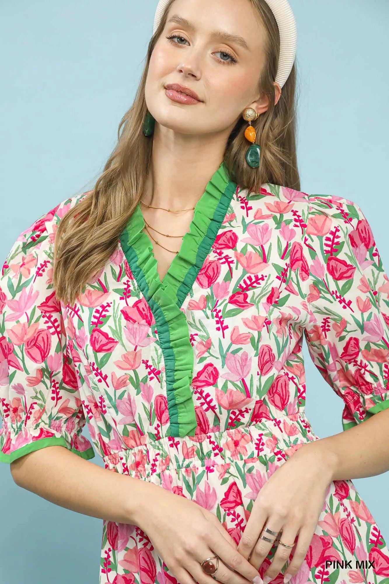 Umgee Pink Mix Floral Ruffle Trim Tiered Midi Dress