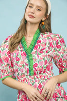 Umgee Pink Mix Floral Ruffle Trim Tiered Midi Dress