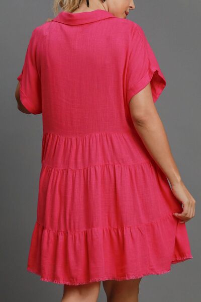 Umgee Hot Pink Raw Hem Folded Sleeve Tiered Dress Plus Size