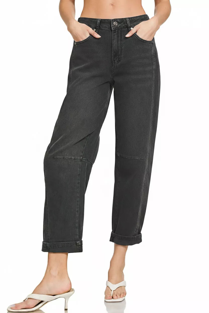 Zenana Black High Rise Barrel-Leg Cropped Jeans
