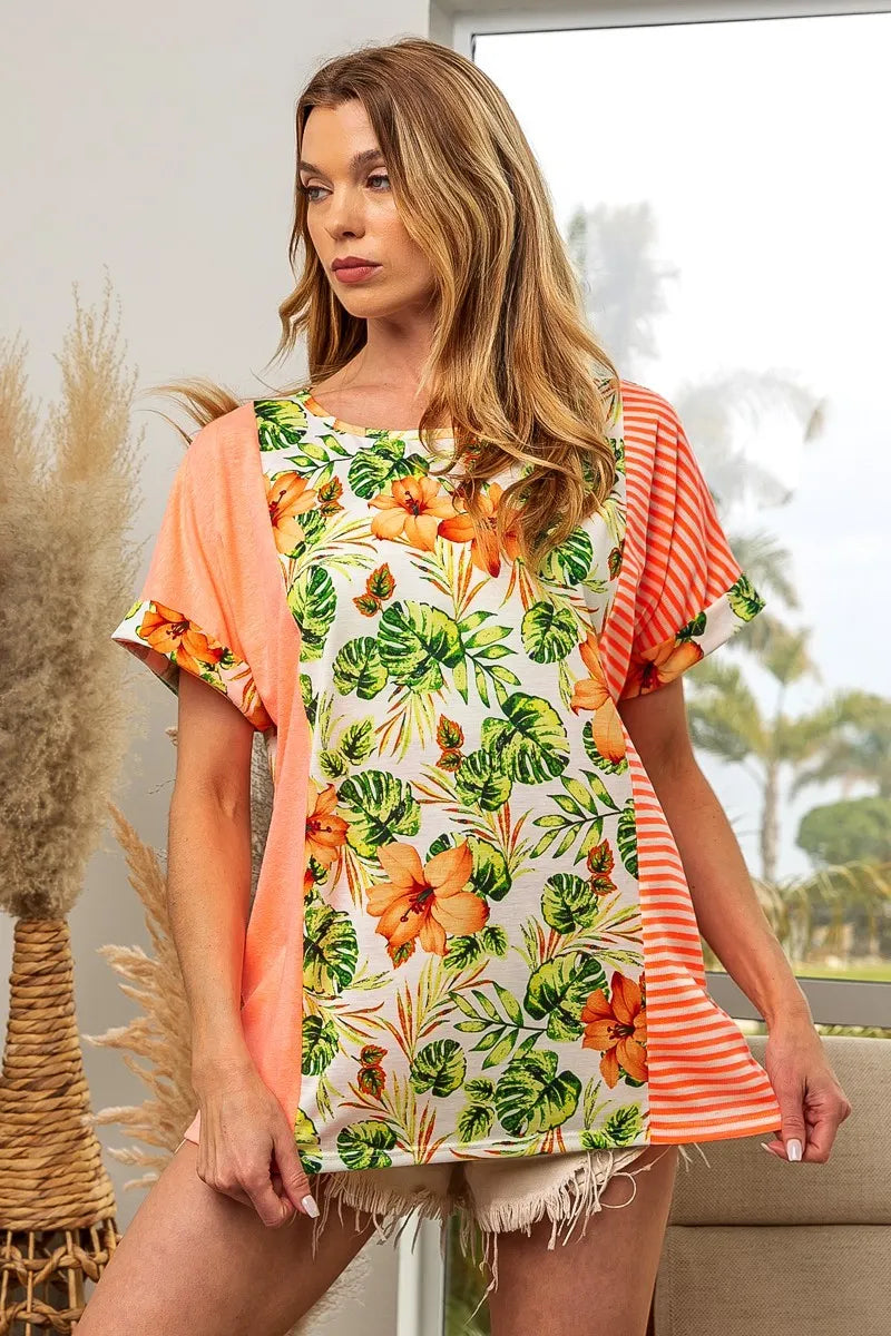 BiBi Floral W Stripe Color Block Dolman Sleeves Top NEON ORANGE COMBO