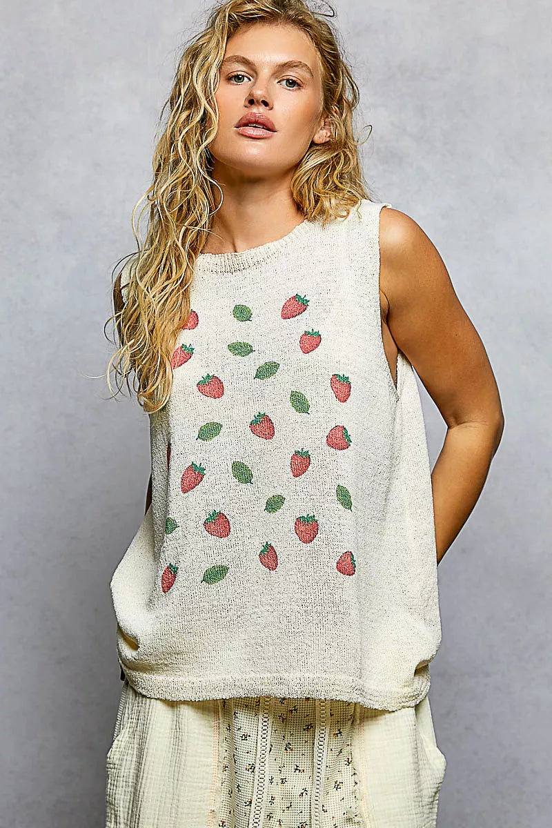POL Natural Strawberry Pattern Round Neck Sleeveless Sweater Top
