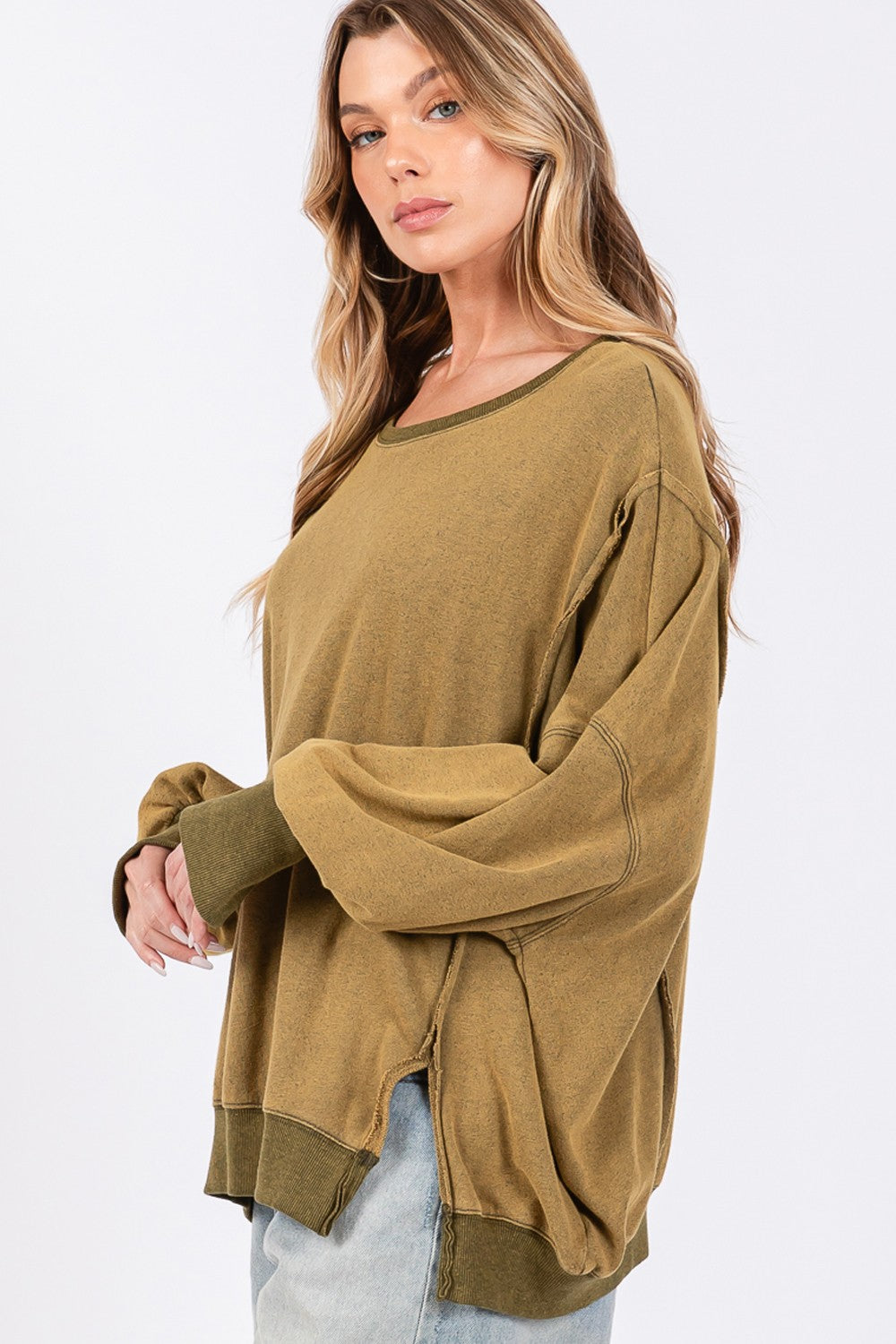 SAGE + FIG Olive Mineral Washed Side Slit Oversized Sweatshirt Trendsi