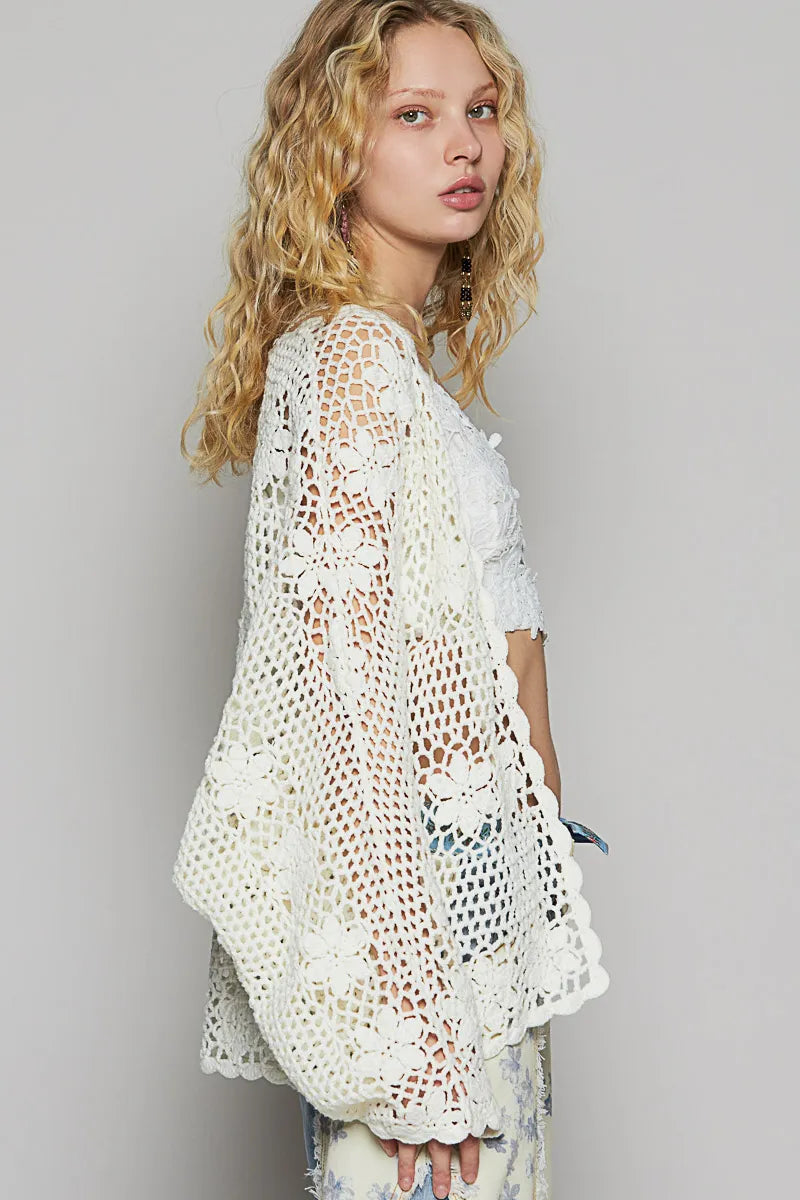 POL Ivory Floral Patch Crochet Open-Front Cardigan