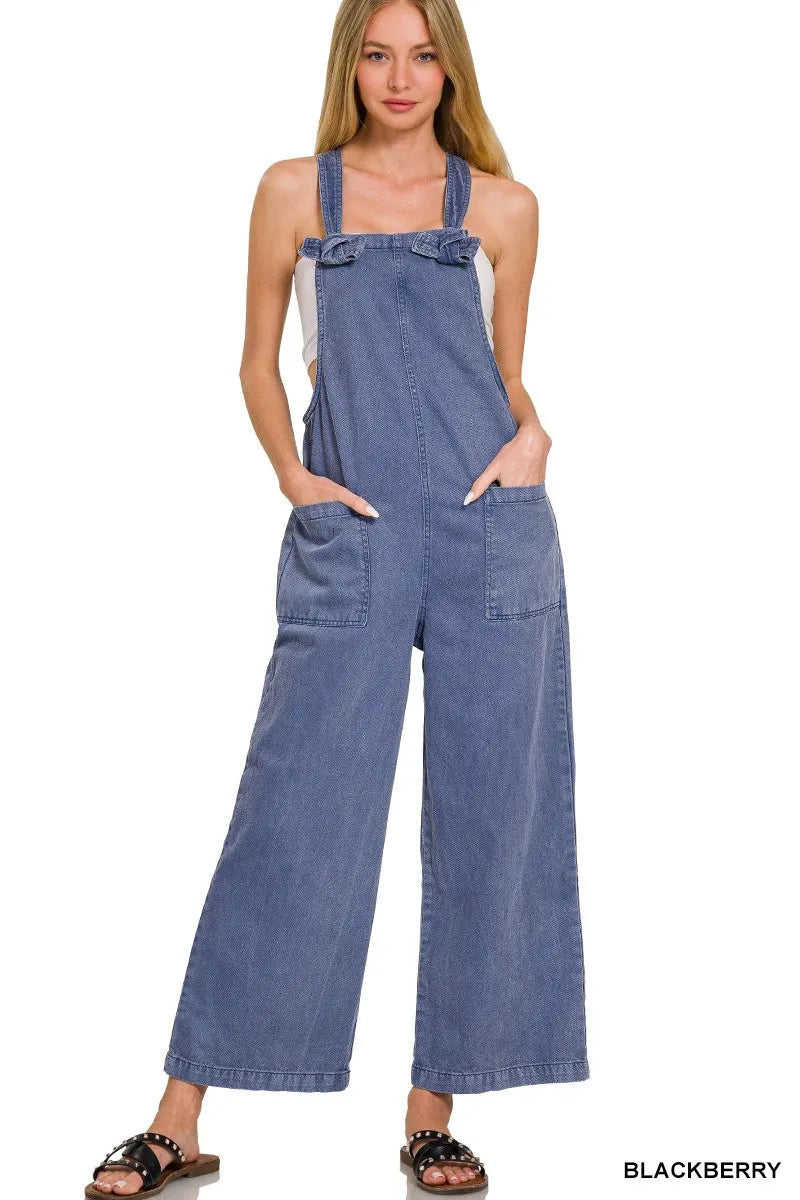 Zenana Blackberry Washed Knot Strap Wide Leg Cropped Jumpsuit