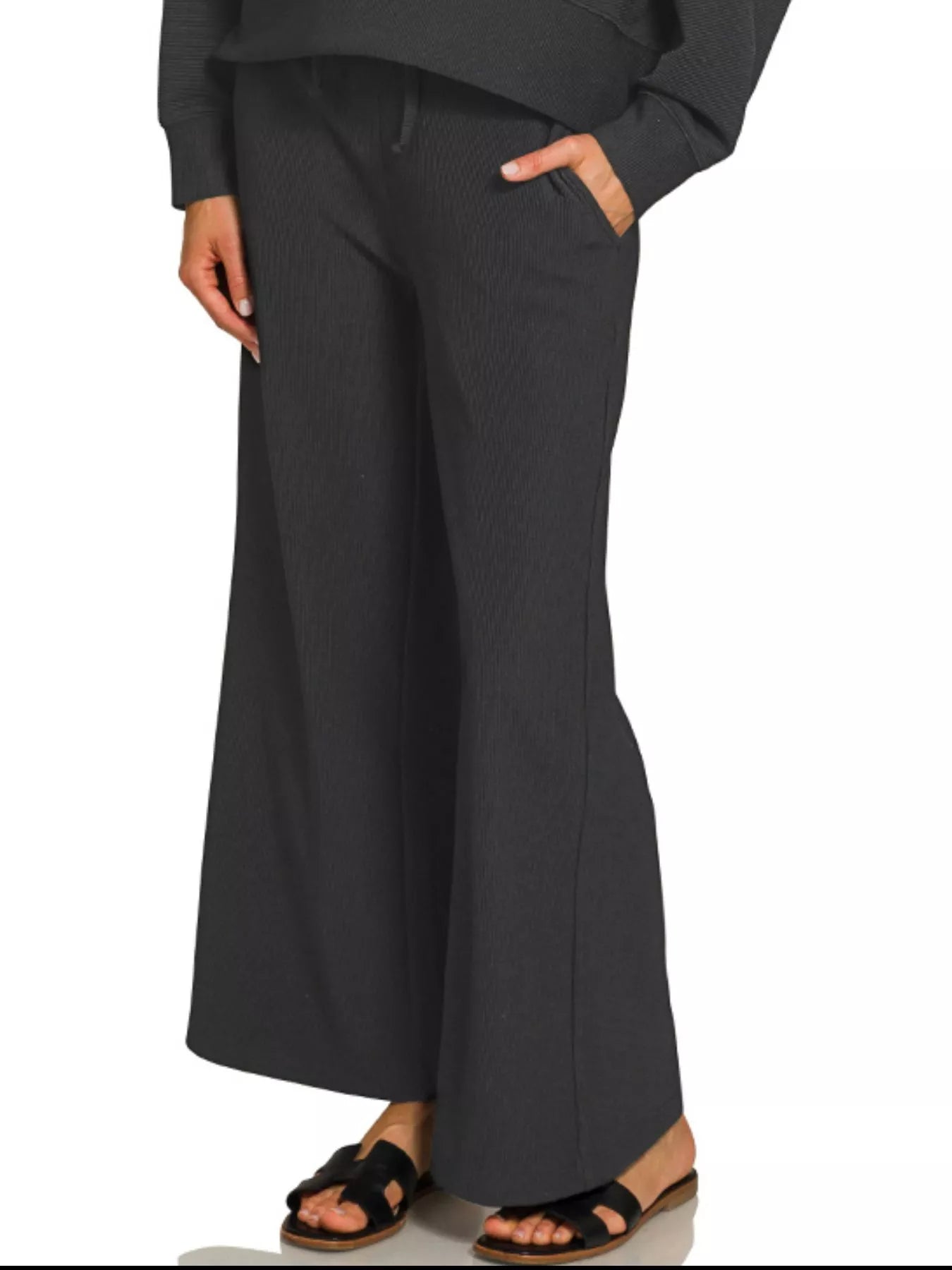 Zenana Black Ribbed Round Neck Pullover and Drawstring Pants Set