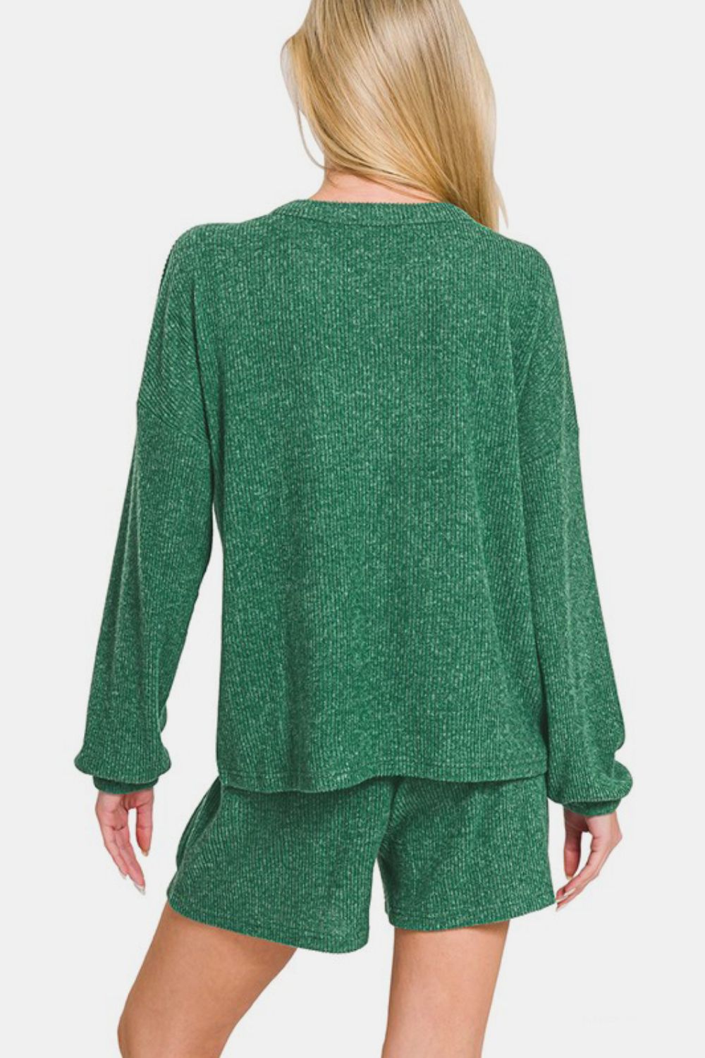 Zenana Dark Green V-Neck Long Sleeve Ribbed Top and Shorts Set Loungewear