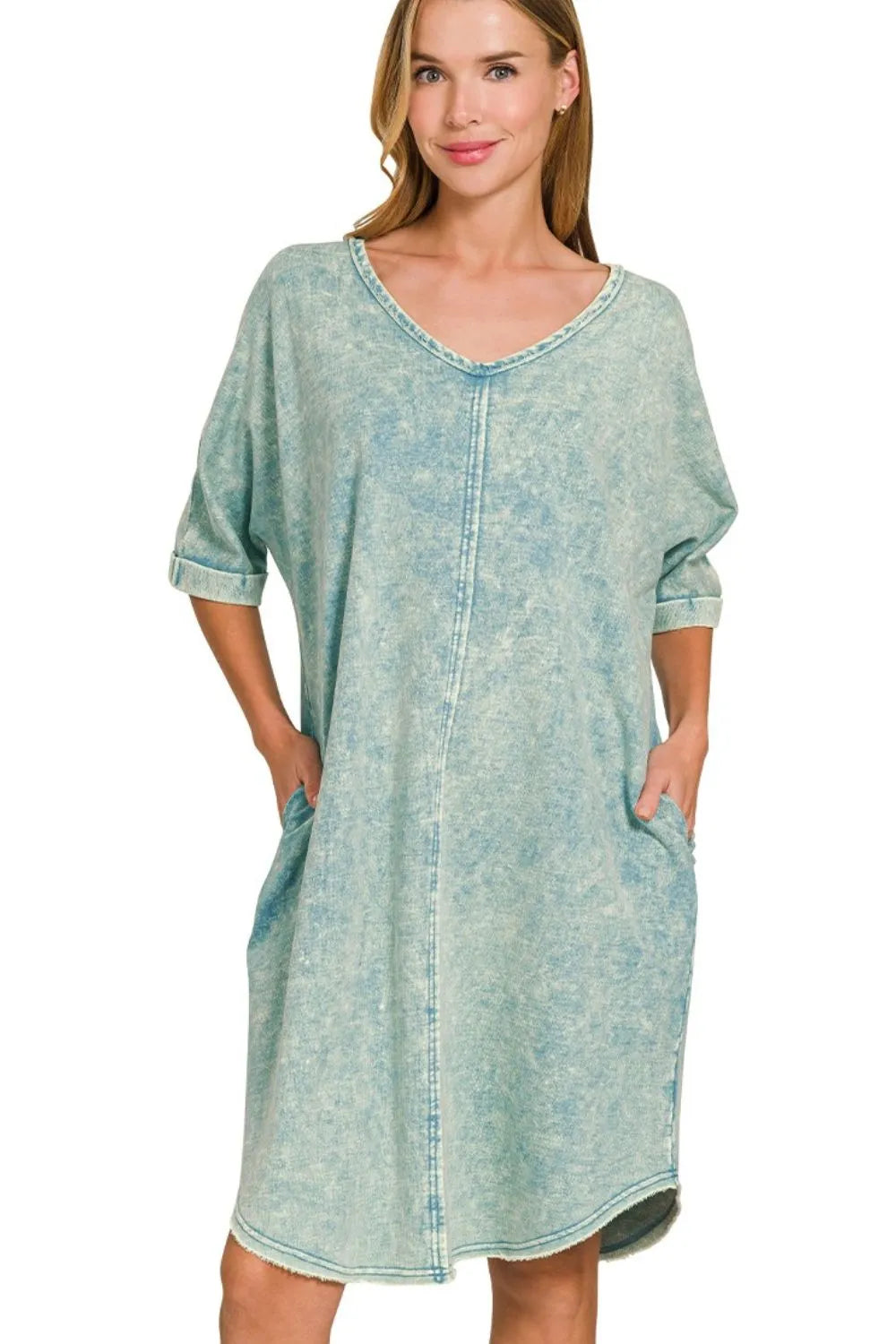 Zenana Ash Blue Acid-washed French Terry Tee Shirt Dress ASH BLUE