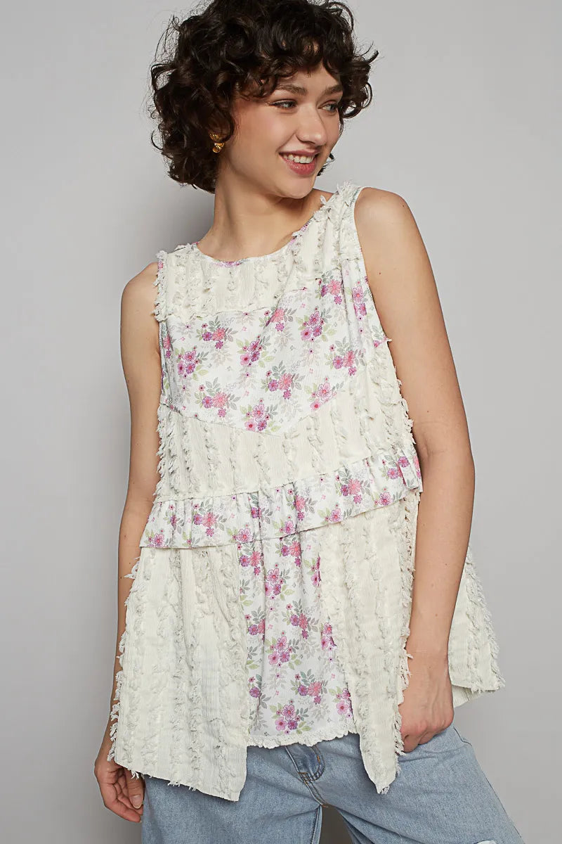 POL Ivory Floral Textured Woven Round Neck Sleeveless Blouse Ivory
