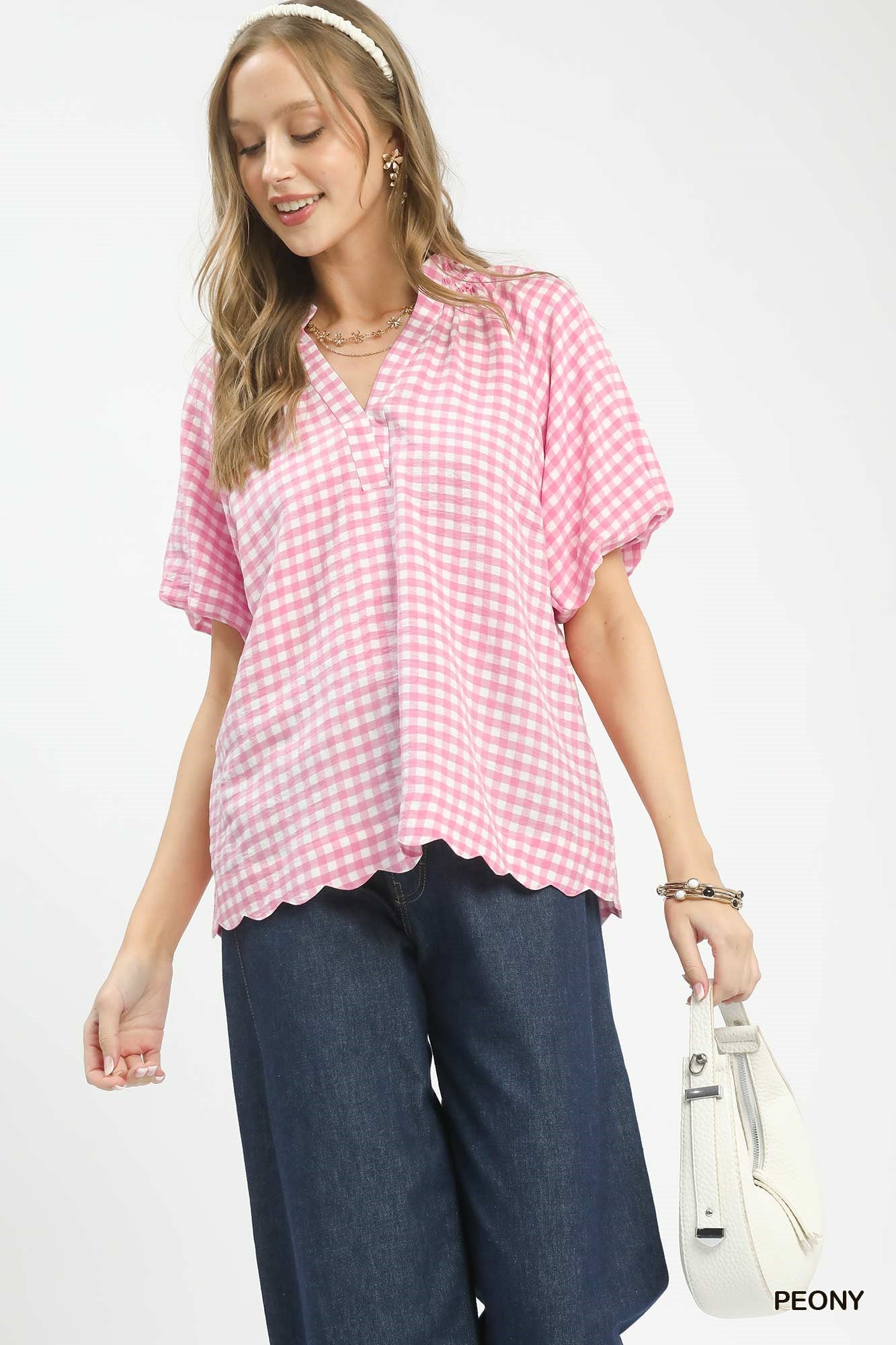 Umgee Peony Gingham Bubble Sleeve Blouse with Scallop Hem PEONY