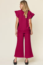 Double Take Quilted Textured Ruffle Short Sleeve Top and Drawstring Wide Leg Pants Set Trendsi