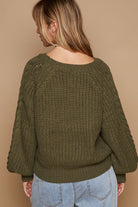 POL Dried Olive Cable Knit Keyhole Cutout Long Sleeve Sweater Trendsi