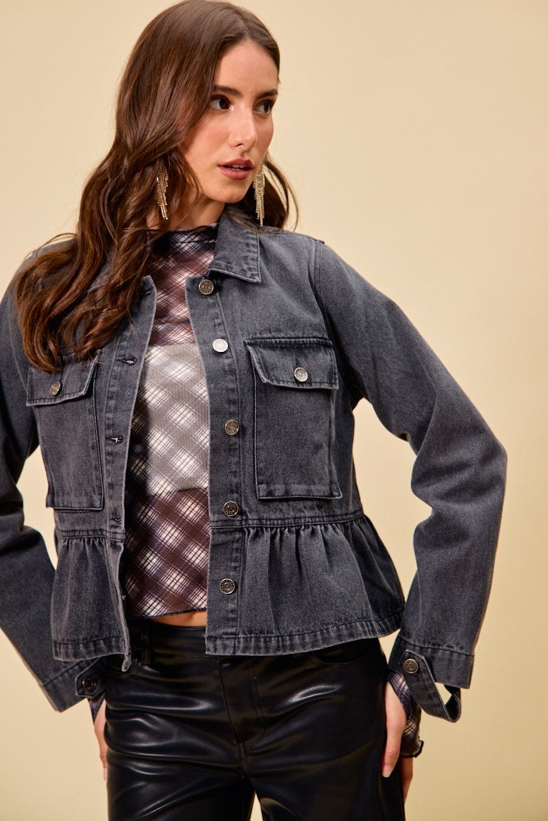 SO ME Black Denim Peplum Hem Front Button Jacket With Pockets