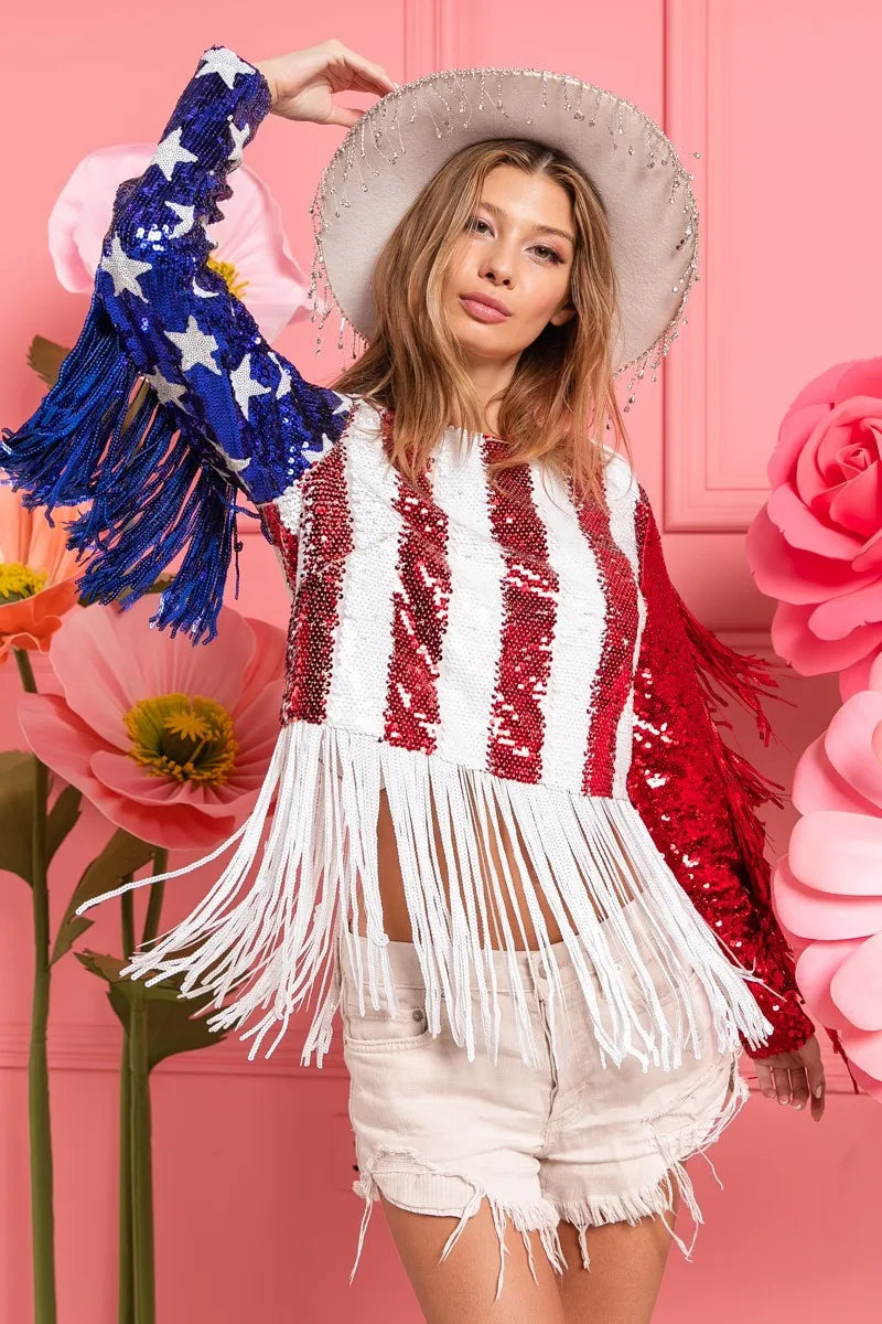BiBi American Flag Theme Fringe Detailed Sequins Crop Top