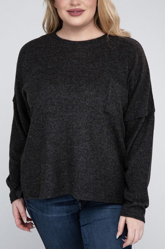 Zenana Plus Size Ribbed Brushed Melange Hacci Sweater BLACK ZENANA