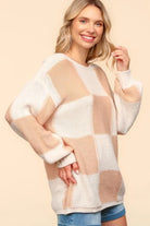 Haptics Apricot Checkered Round Neck Drop Shoulder Sweater